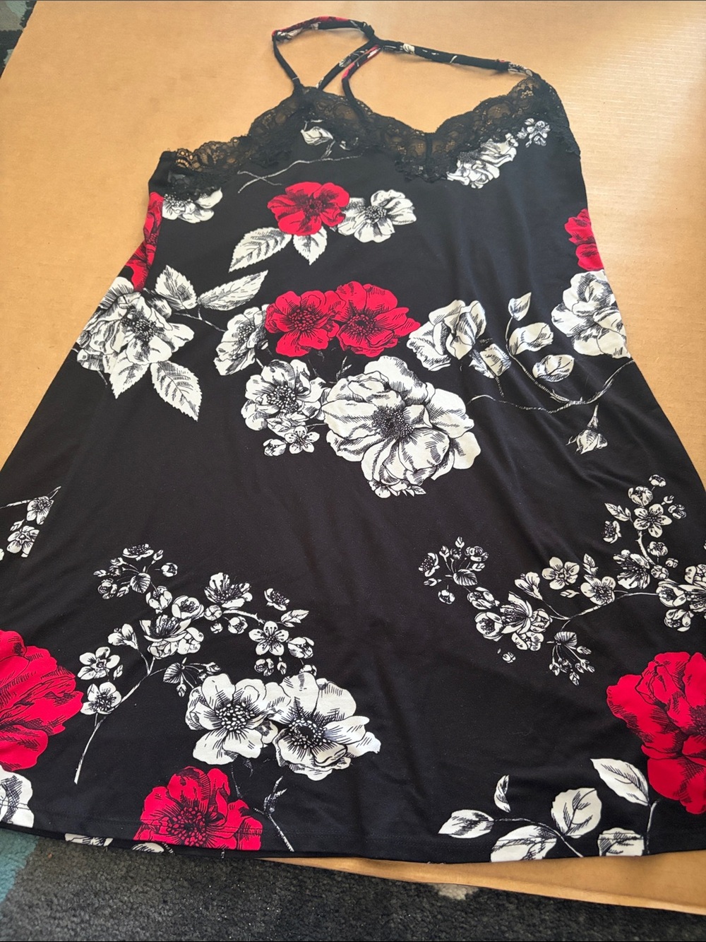 Linea Donatella Black Nightgown with Red & White Floral Pattern